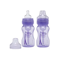 Dr. Brown's Natural FLow 823, Πλαστικό μπιμπερό με Φαρδύ Λαιμό & Φυσική ροή για τη μείωση των κολικών, της ερυγής (παλινδρόμηση) ή του τυμπανισμού,σε Μωβ χρώμα, 2 τμχ, 2x250ml - Μπιμπερό στο Pharmakeio Online