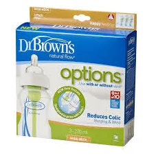 Dr.Brown's OPTIONS  Διάφανο πλαστικό μπουκάλι με φαρδύ λαιμό 270ML με σύστημα φυσικής ροής και θηλή από διάφανη σιλικόνη.3τμχ 480 - Μπιμπερό στο Pharmakeio Online
