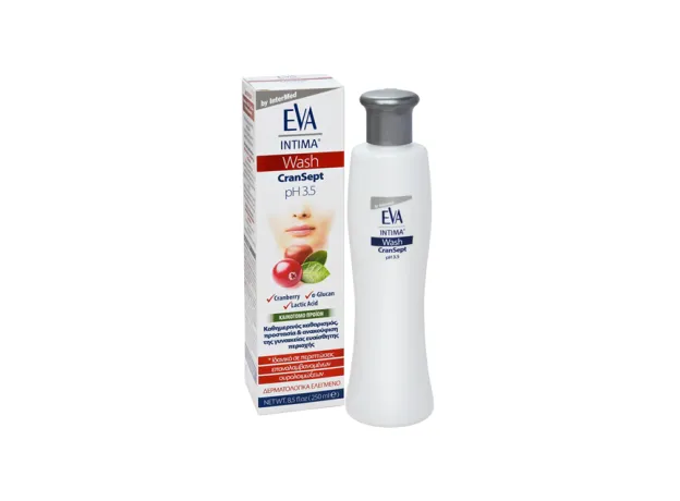 Eva Intima Wash Cransept pH 3.5, Καθημερινό υγρό καθαρισμού ευαίσθητης περιοχής, προστατεύει από αιδιοκολπίτιδες & ανακουφίζει, Ιδανικό για ευαίσθητες επιδερμίδες, με εκχύλισμα βοτάνων & Cranberry, 250ml - Καθαρισμός-φροντίδα στο Pharmakeio Online